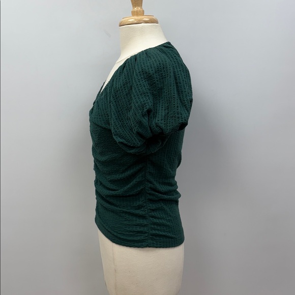 NWT Ann Taylor LOFT Seersucker Cinched Bubble Sleeve Ruched Top Green Small - Picture 5 of 9